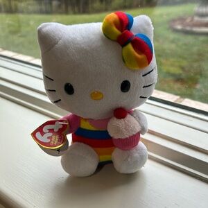 TY BEANIE BABIES HELLO KITTY WITH RAINBOW OUTFIT AND CUPCAKE STUFFED TOY